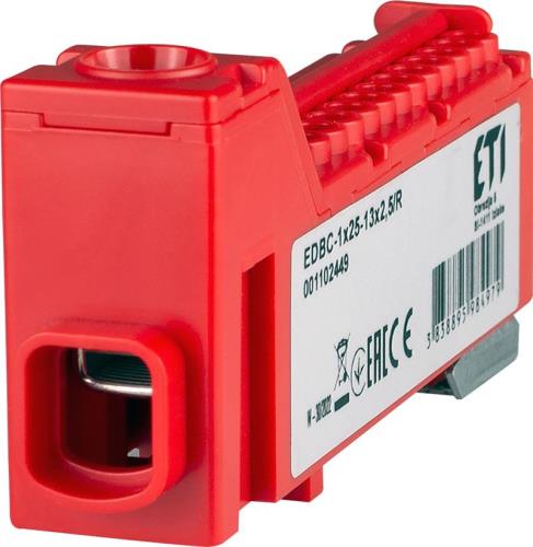 1102449 Блок розподільчий EDBC-1x25-13x2,5/R (63A, 1000V AC/1500V DC, IN: 1x25, OUT: 13x2,5;  червоний)