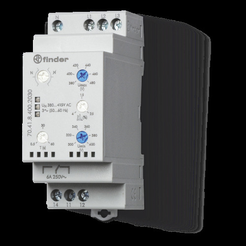 Реле контр. мережі; 1CO; 6A; 380-415В AC; 3фази+N; 300-480В; асиметр. 4-25%; обрив N; обрив/чергув. фаз; 0.5-60 с; модульне; 35мм