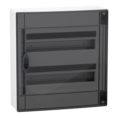 Modular enclosure, PrismaSeT XS, surface, 2 x 18 modules, 1 earth + 1 neutral terminal blocks, transparent smoked door
