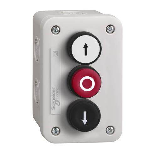 Complete control station, Harmony XALE, plastic, light grey, 3 flush pushbuttons with marking, 22mm, spring return